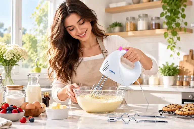 Homemade whipped cream holding soft peaks in a metal bowl beside hand-mixer beaters